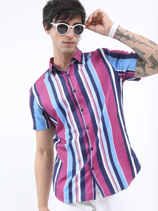  Ketch Men Pink Striped Slim Fit Casual Shirts