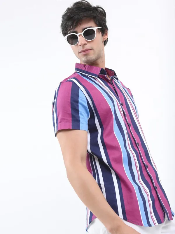  Ketch Men Pink Striped Slim Fit Casual Shirts