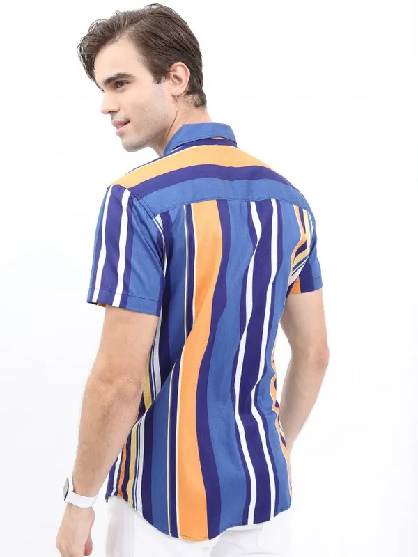  Ketch Men Blue Striped Slim Fit Casual Shirts