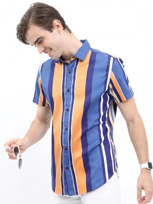  Ketch Men Blue Striped Slim Fit Casual Shirts