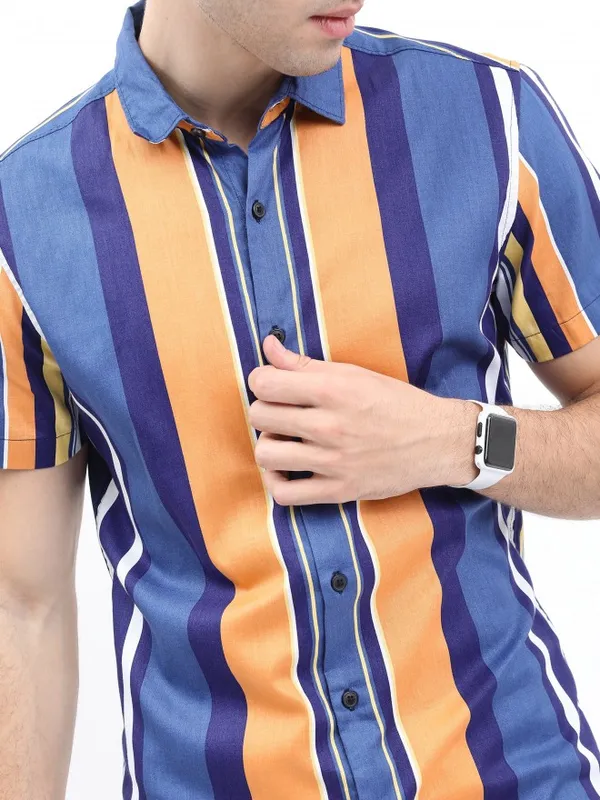  Ketch Men Blue Striped Slim Fit Casual Shirts