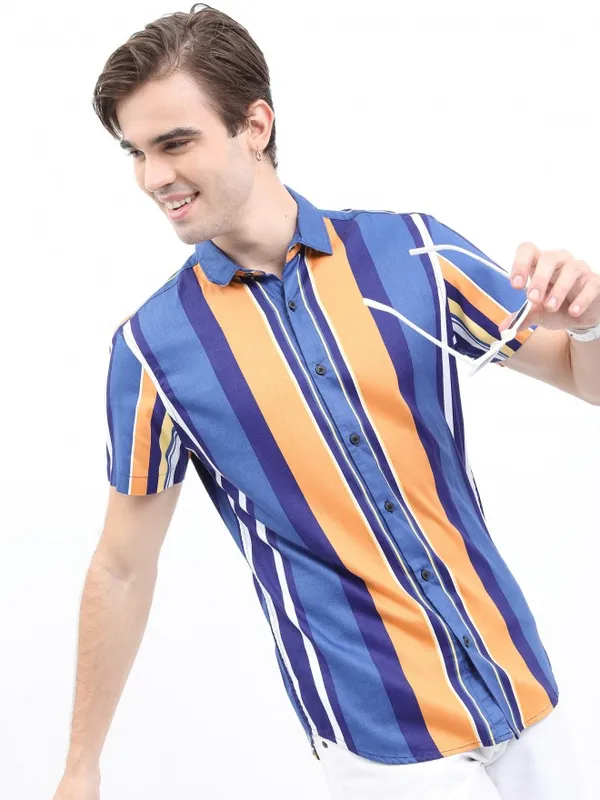  Ketch Men Blue Striped Slim Fit Casual Shirts