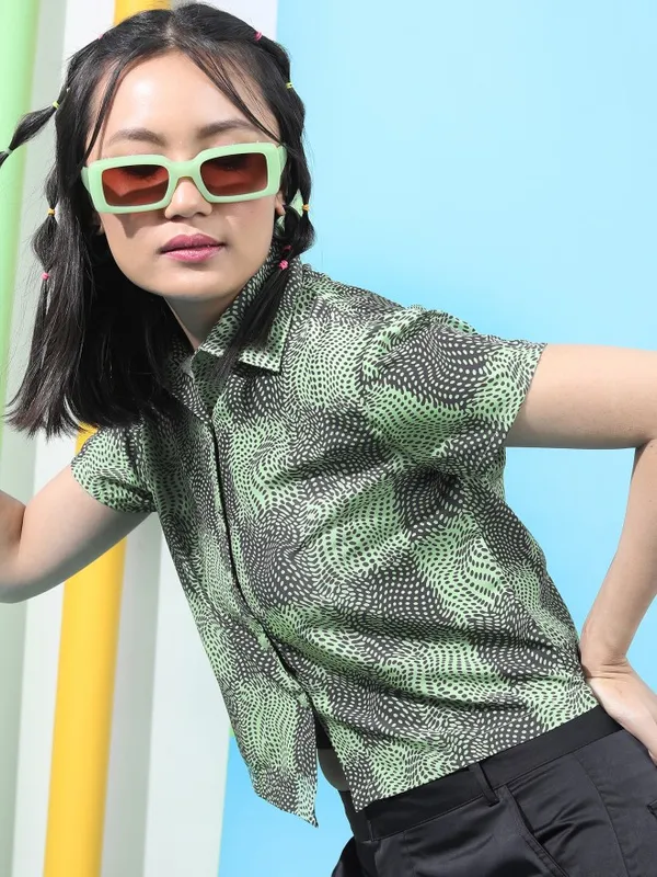 Tokyo Talkies Women Green Printed Casual Shirt