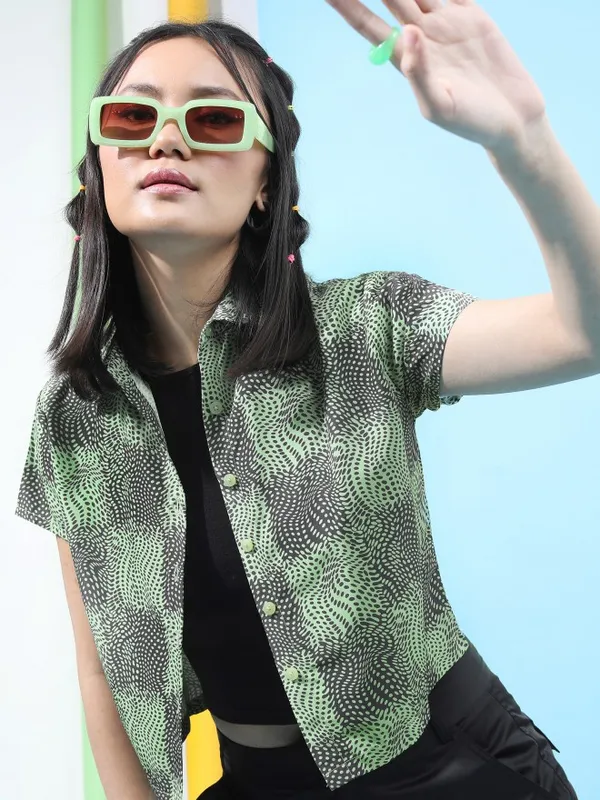 Tokyo Talkies Women Green Printed Casual Shirt