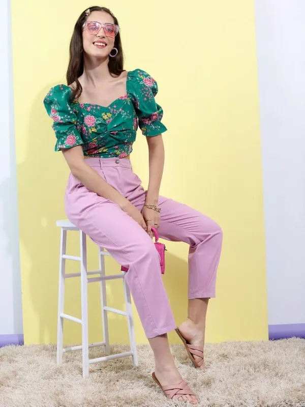 Tokyo Talkies Women Green Printed Blouson Tops