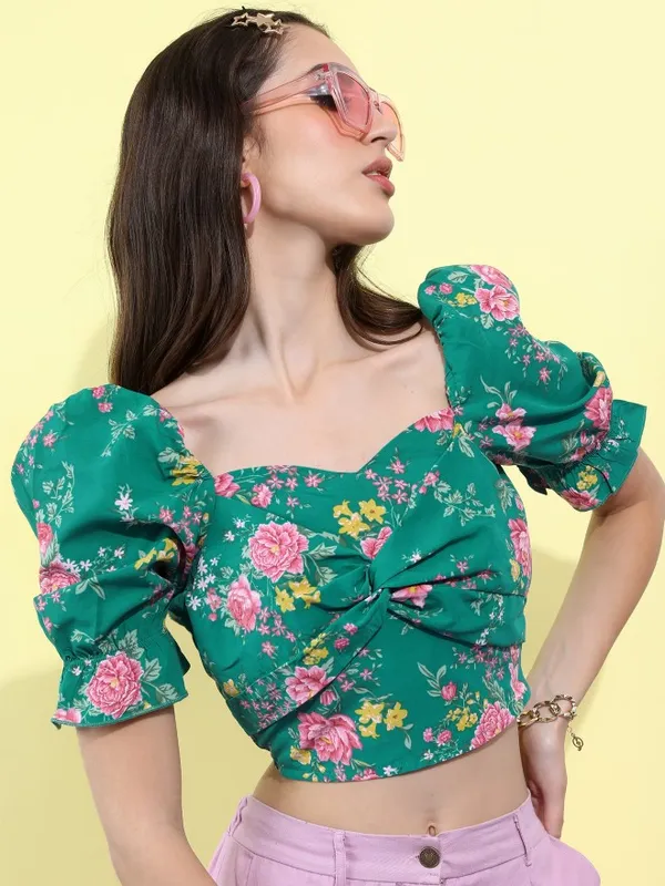  Tokyo Talkies Women Green Printed Blouson Tops