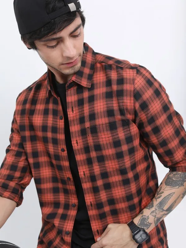  Ketch Men Terracotta Checked Slim Fit Casual Shirts