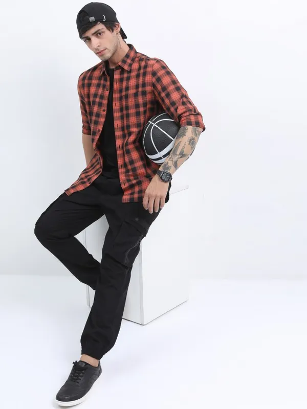  Ketch Men Terracotta Checked Slim Fit Casual Shirts