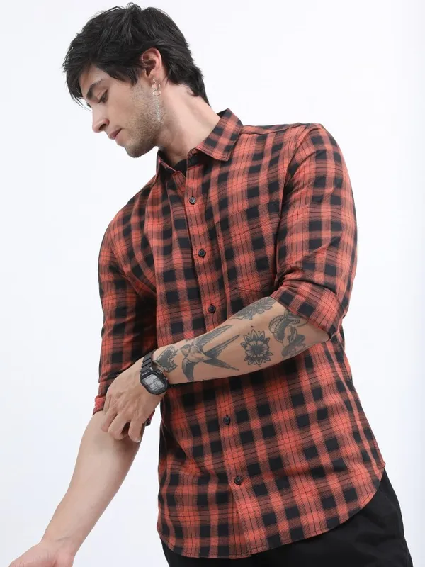  Ketch Men Terracotta Checked Slim Fit Casual Shirts