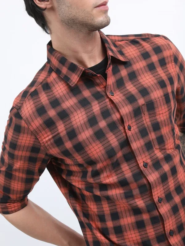  Ketch Men Terracotta Checked Slim Fit Casual Shirts