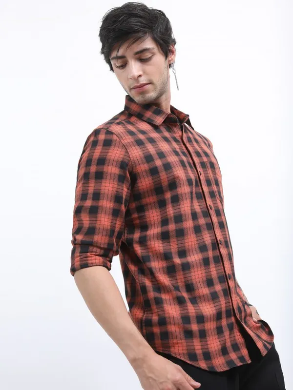  Ketch Men Terracotta Checked Slim Fit Casual Shirts