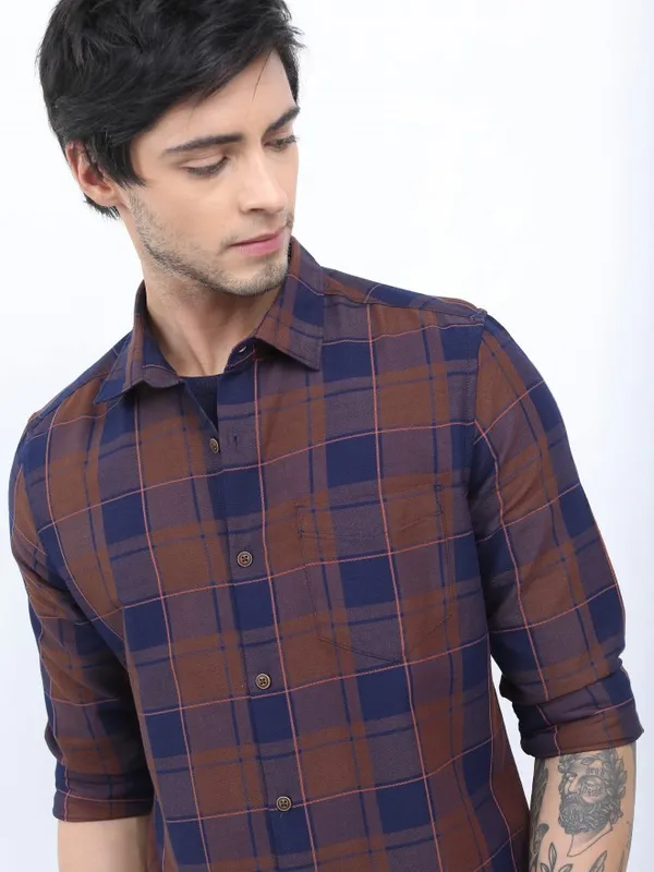  Ketch Men Terracotta Checked Slim Fit Casual Shirts