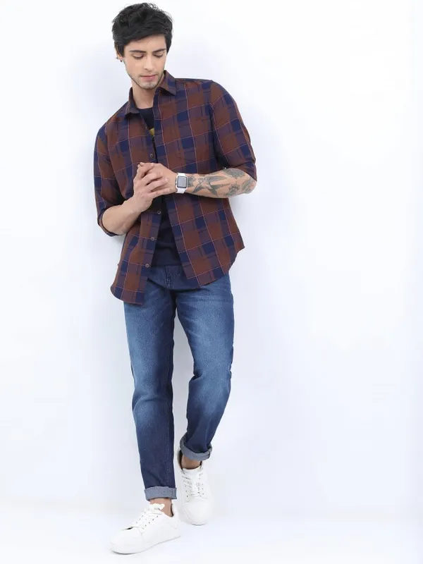  Ketch Men Terracotta Checked Slim Fit Casual Shirts