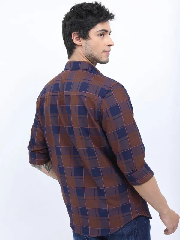  Ketch Men Terracotta Checked Slim Fit Casual Shirts