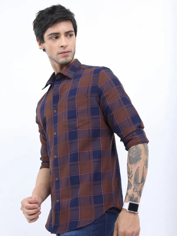  Ketch Men Terracotta Checked Slim Fit Casual Shirts