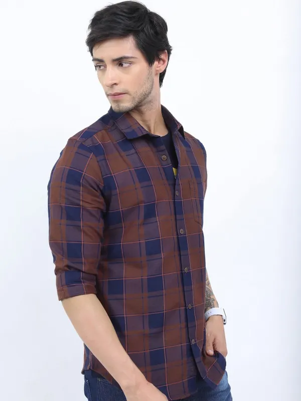  Ketch Men Terracotta Checked Slim Fit Casual Shirts