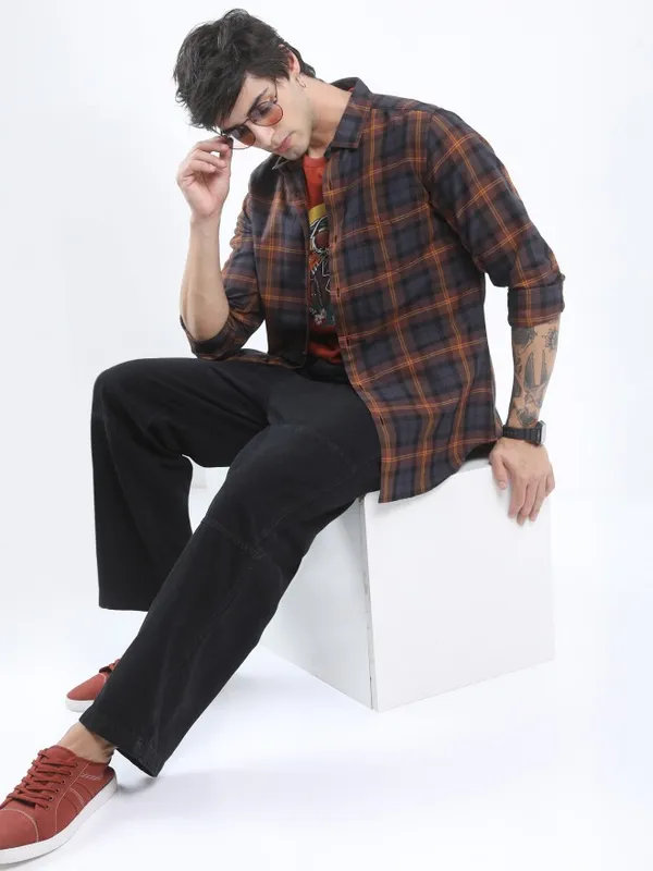  Ketch Men Brown Checked Slim Fit Casual Shirts