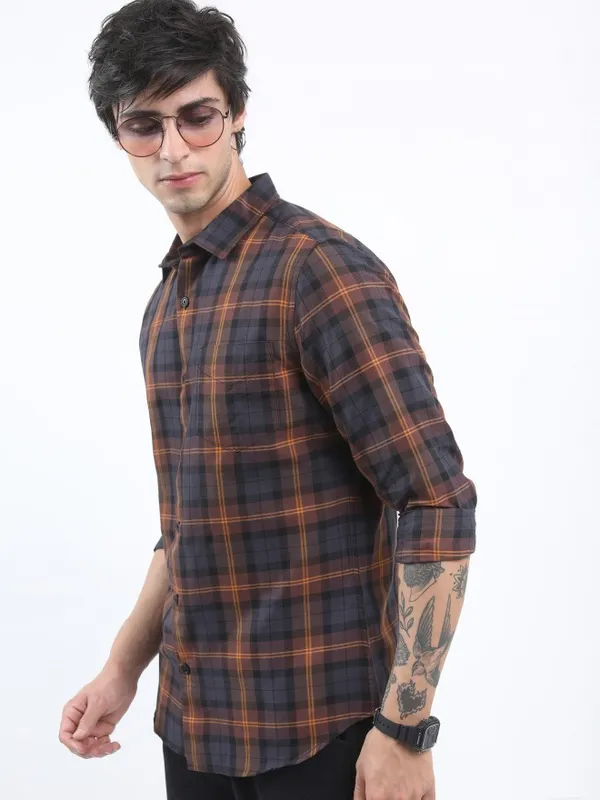  Ketch Men Brown Checked Slim Fit Casual Shirts