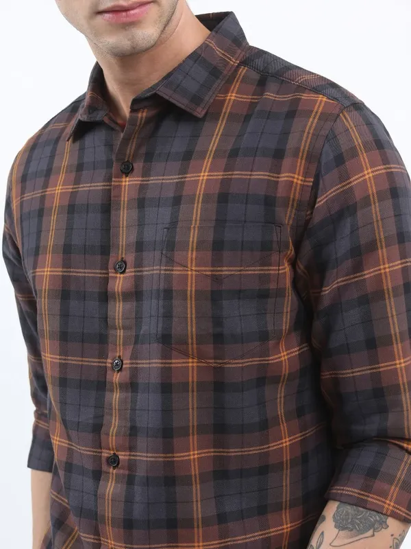  Ketch Men Brown Checked Slim Fit Casual Shirts