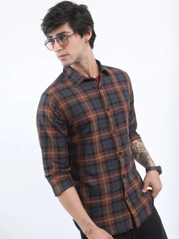  Ketch Men Brown Checked Slim Fit Casual Shirts