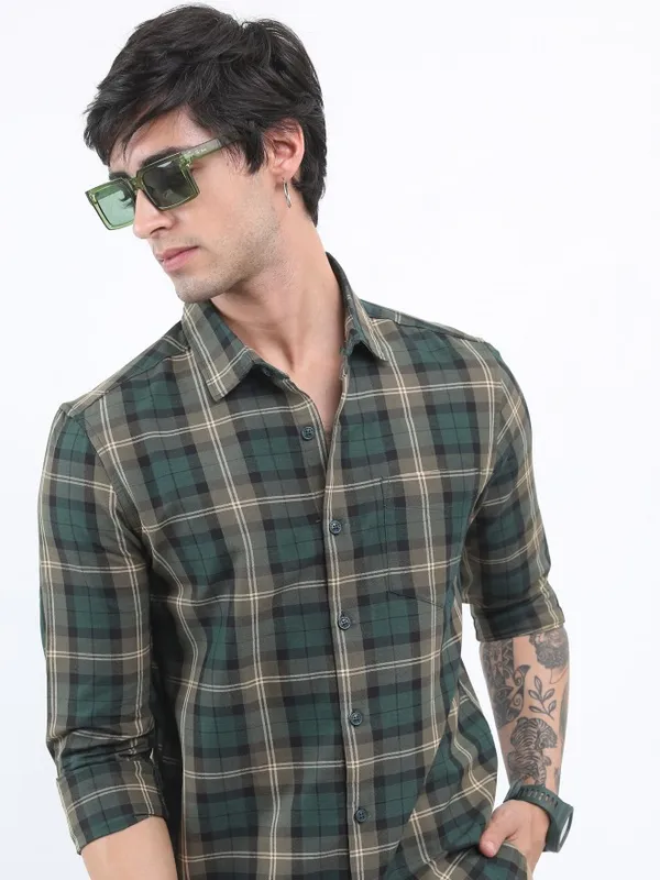  Ketch Men Olive Checked Slim Fit Casual Shirts
