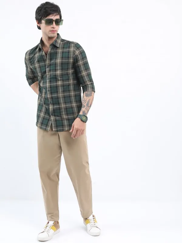  Ketch Men Olive Checked Slim Fit Casual Shirts