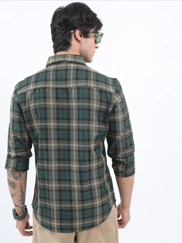  Ketch Men Olive Checked Slim Fit Casual Shirts