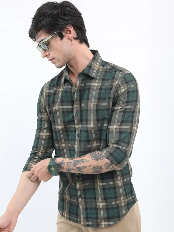  Ketch Men Olive Checked Slim Fit Casual Shirts