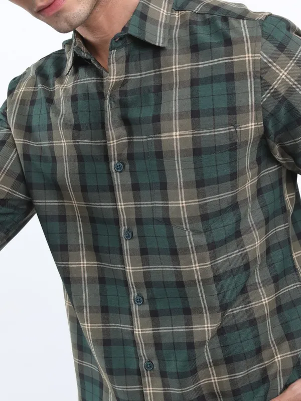  Ketch Men Olive Checked Slim Fit Casual Shirts