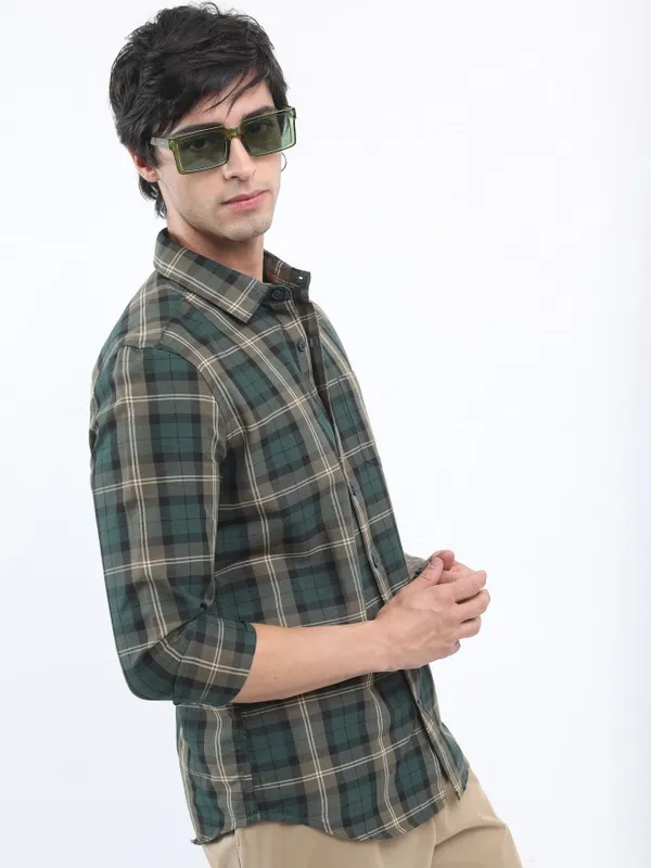  Ketch Men Olive Checked Slim Fit Casual Shirts