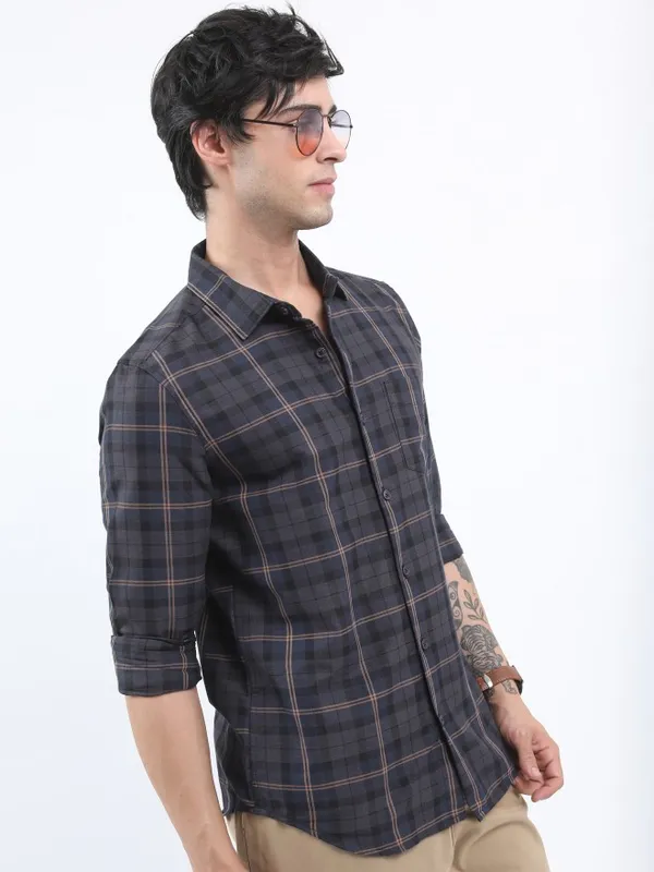  Ketch Men Grey Checked Slim Fit Casual Shirts