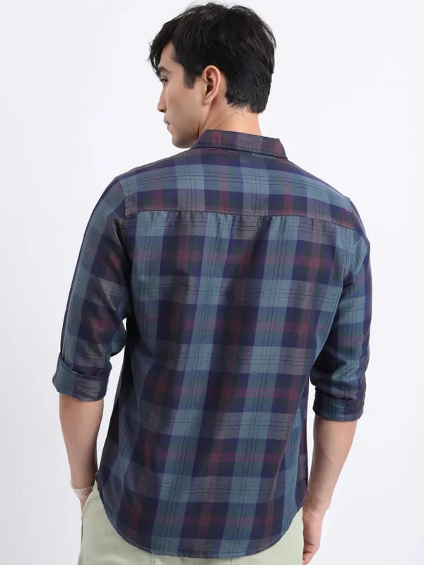 Ketch Men Navy Blue Checked Slim Fit Casual Shirt