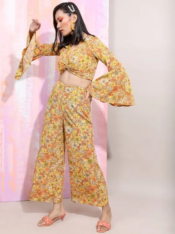 Tokyo Talkies Women Mustard Crop Top With Trouser Co-Ords
