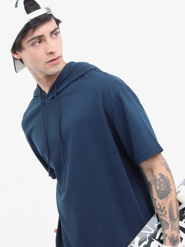 Highlander Men Navy Blue Solid Oversized Hooded T-Shirt