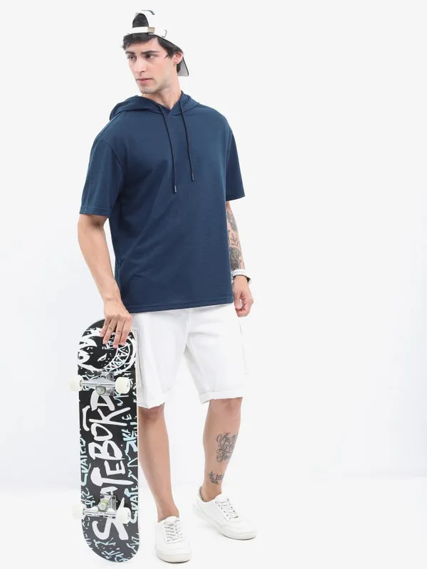 Highlander Men Navy Blue Solid Oversized Hooded T-Shirt