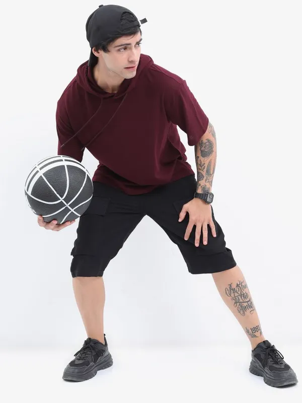 Highlander Men Structured Burgundy Solid Oversized Hooded T-Shirt