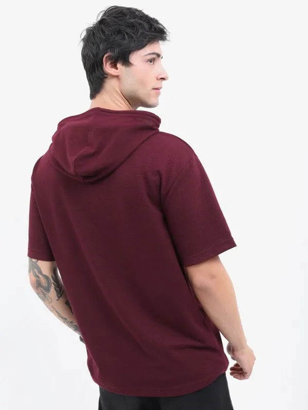 Highlander Men Structured Burgundy Solid Oversized Hooded T-Shirt