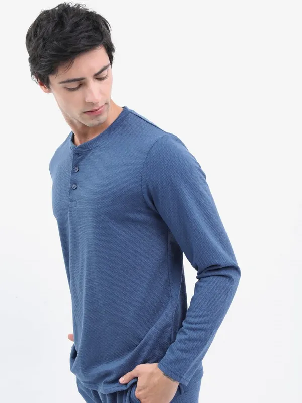  Highlander Men Blue Solid Henley Neck T-Shirts