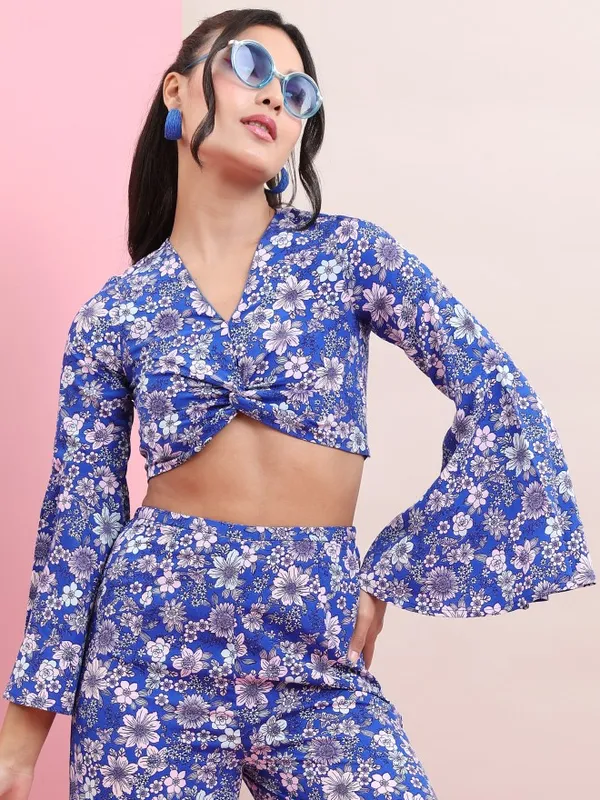 Tokyo Talkies Women Blue Crop Top With Trouser Co-Ords