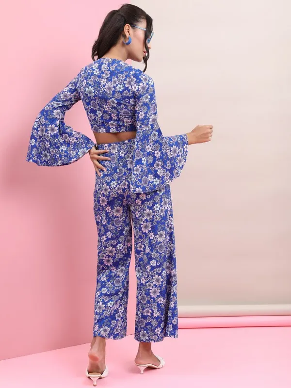 Tokyo Talkies Women Blue Crop Top With Trouser Co-Ords