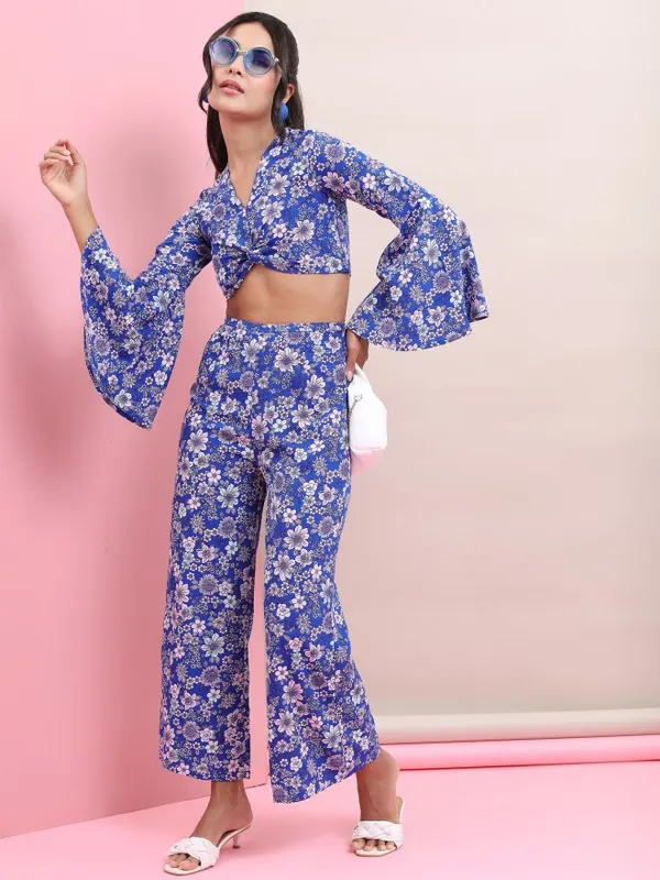 Tokyo Talkies Women Blue Crop Top With Trouser Co-Ords