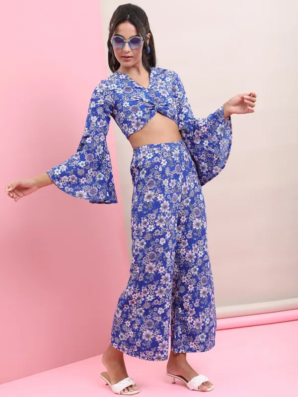 Tokyo Talkies Women Blue Crop Top With Trouser Co-Ords