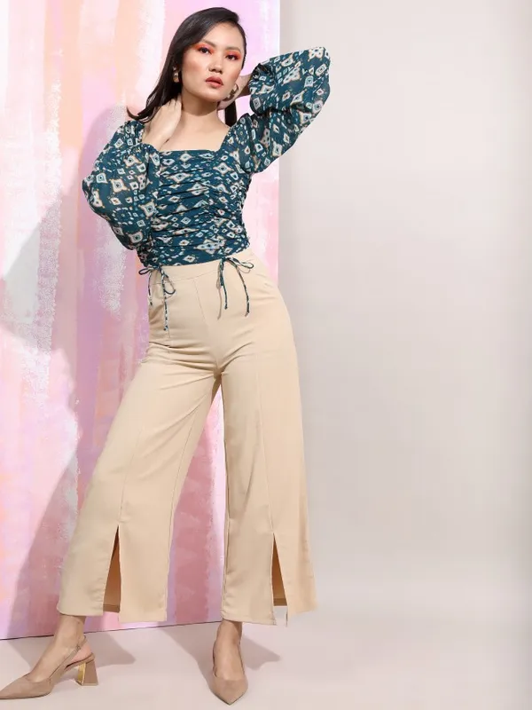 Tokyo Talkies Women Teal Printed Fitted Top