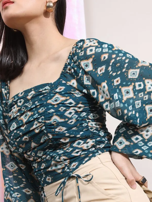 Tokyo Talkies Women Teal Printed Fitted Top