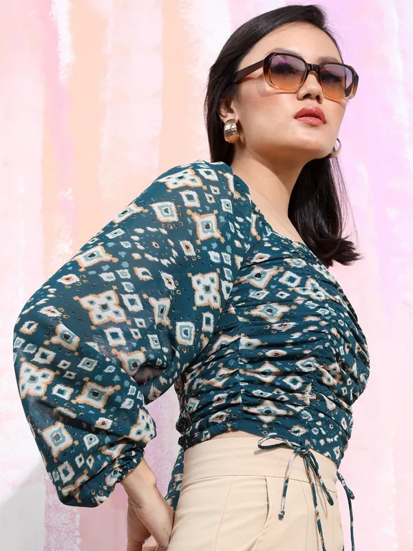 Tokyo Talkies Women Teal Printed Fitted Top