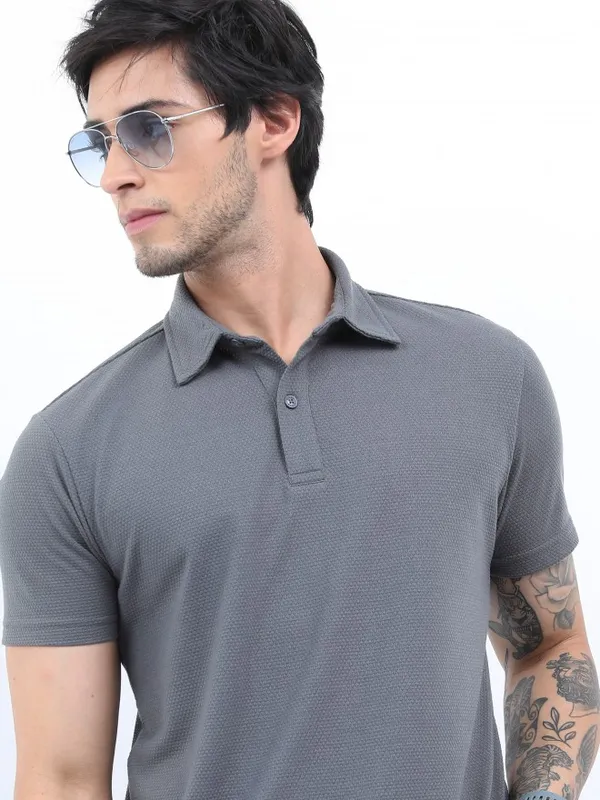  Highlander Men Grey Solid Polo Collar Polo T-Shirts