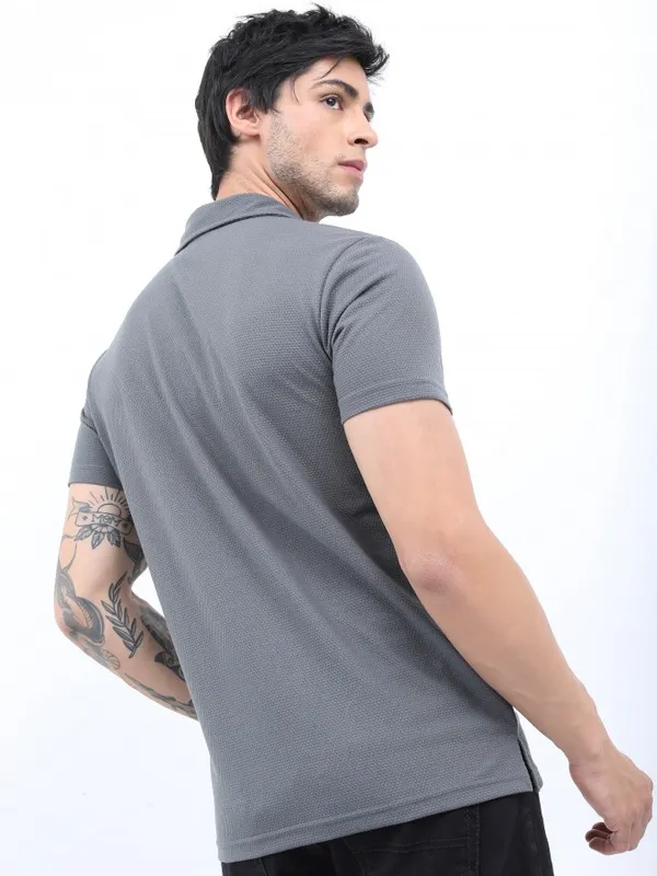  Highlander Men Grey Solid Polo Collar Polo T-Shirts