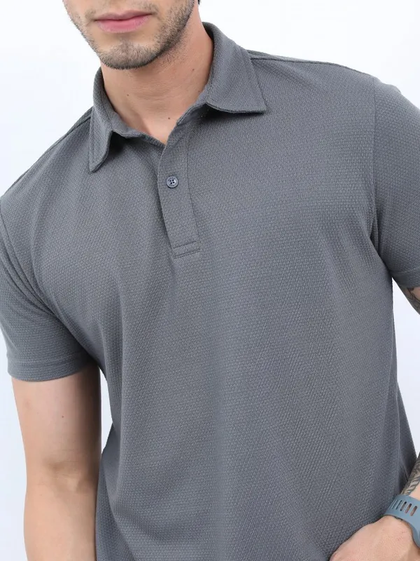  Highlander Men Grey Solid Polo Collar Polo T-Shirts