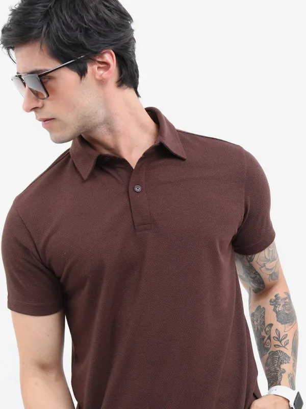  Highlander Men Brown Solid Polo Collar Polo T-Shirts