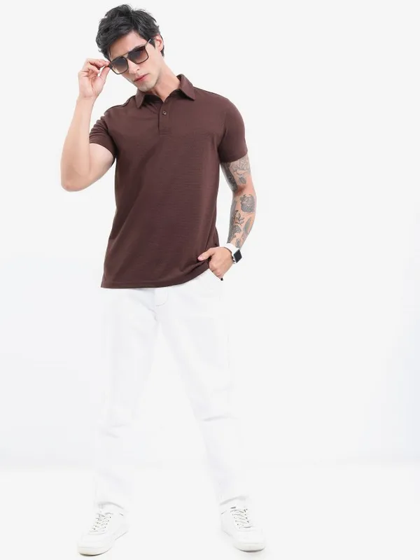 Highlander Men Brown Solid Polo Collar Polo T-Shirts